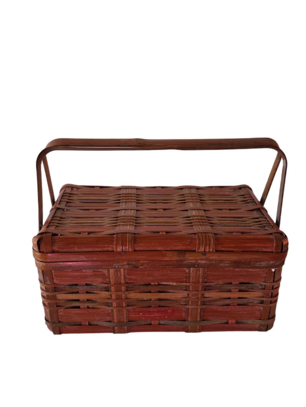Vintage Japanese Bamboo Picnic Sewing Basket - Woven Rattan Box with Handles MCM